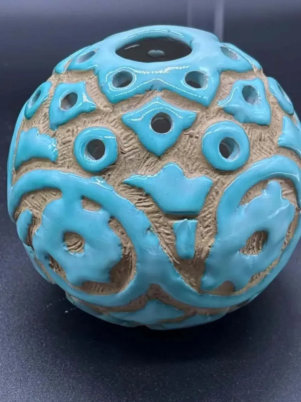 Vintage Mid-Century Italian PV Pottery Sgraffito Turquoise Flower Frog Orb Vase